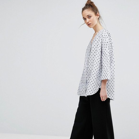 NWOT Weekday Cotton Dot Jacquard Shirt With Blue/White Stripe - Picture 4 of 5